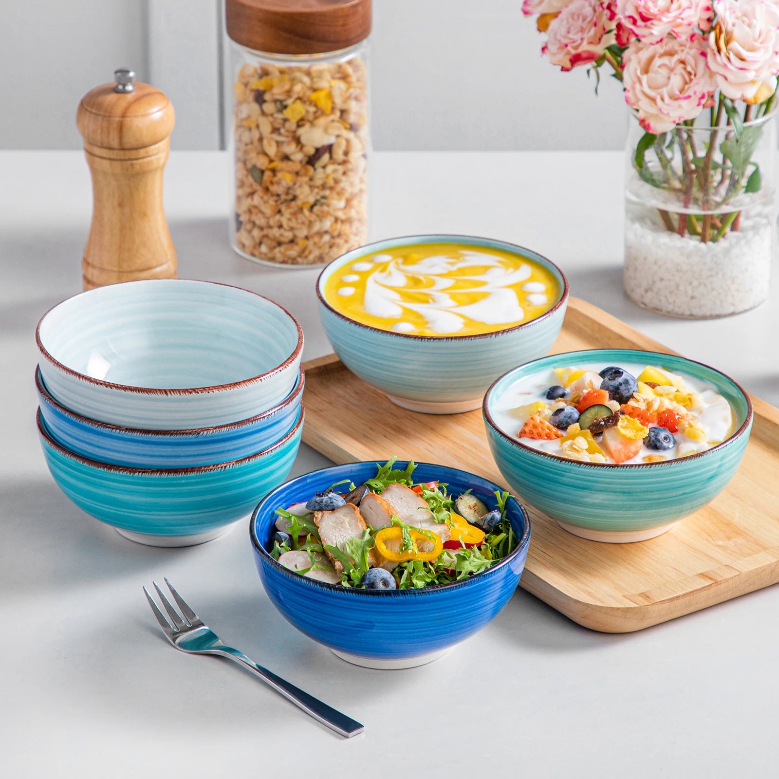 Vancasso Bonita Porzellan-Schüsseln 6-teilig 380ml/820ml Vintage Handbemalt – Suppe, Obst, Nudel, Ramen Geschirrsets Europa CE-zertifiziert Premium Qualitaet Kostenloser Versand