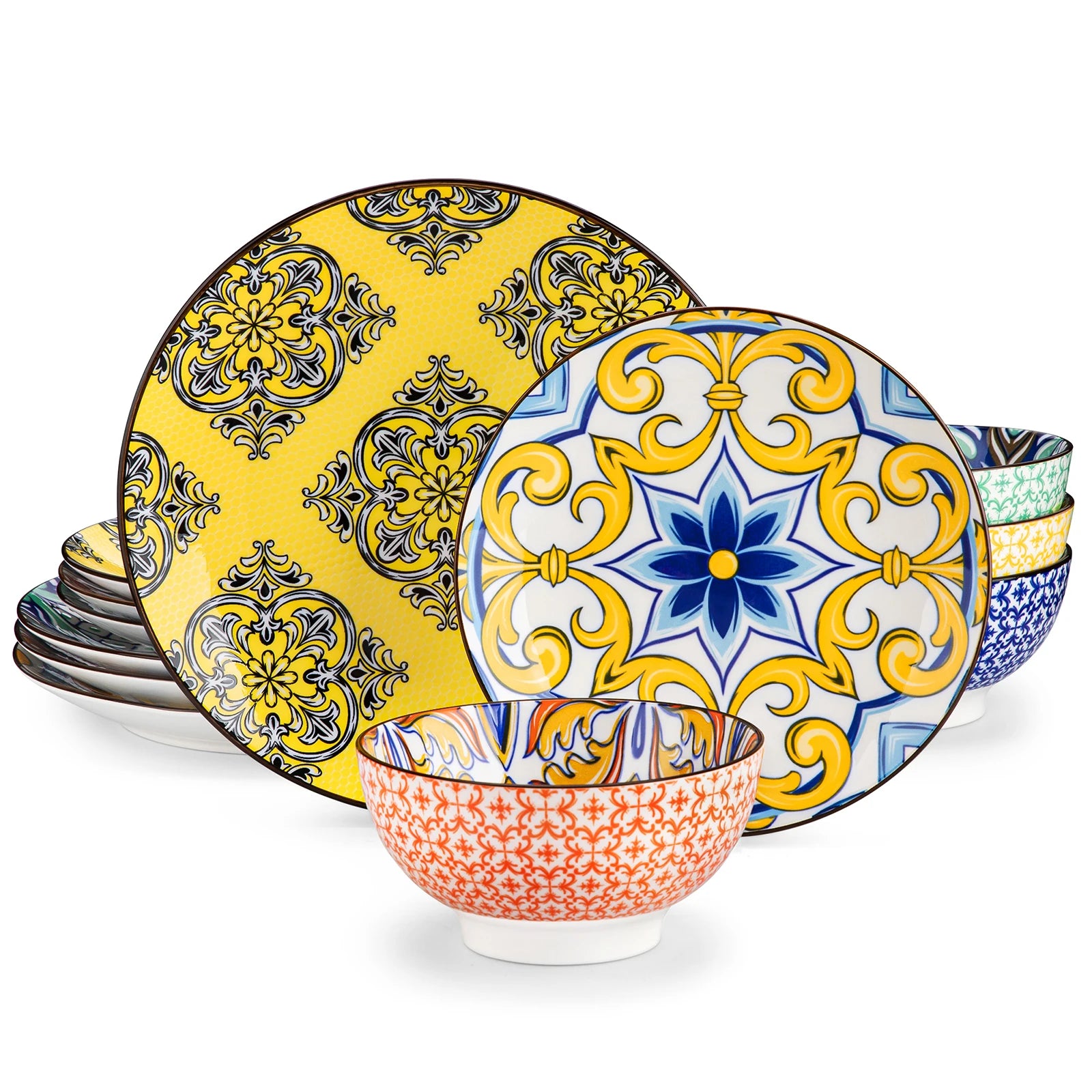 Vancasso Porzellan Geschirr-Set 12/24-teilig Jasmin-Muster – Teller, Dessert, Schüssel Geschirrsets Europa CE-zertifiziert Premium Qualitaet Kostenloser Versand