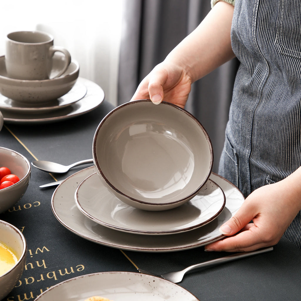 Vancasso Navia Grau 16/32/48-Stück Keramik Steinzeug Geschirr Set mit Teller, Dessert Platte, 800ml Schüssel, Becher Geschirr Set Geschirrsets Europa CE-zertifiziert Premium Qualitaet Kostenloser Versand