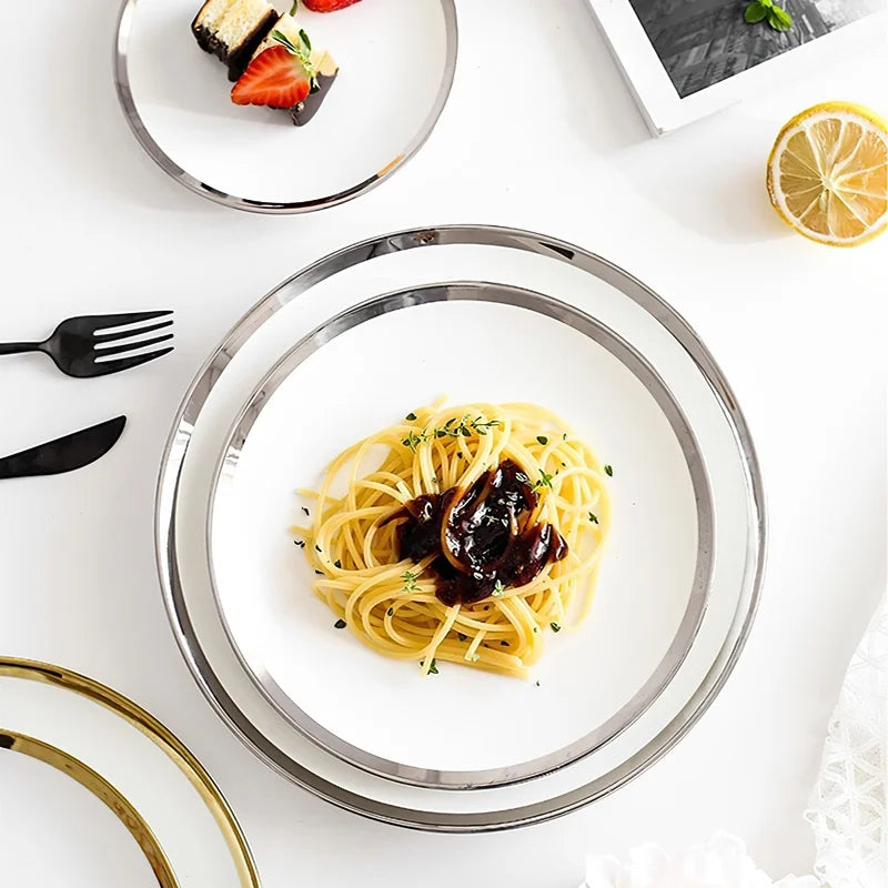 Nordic Style – Runde Teller mit Silber/Gold-Rand 6/8/10 Zoll Geschirrsets Europa CE-zertifiziert Premium Qualitaet Kostenloser Versand
