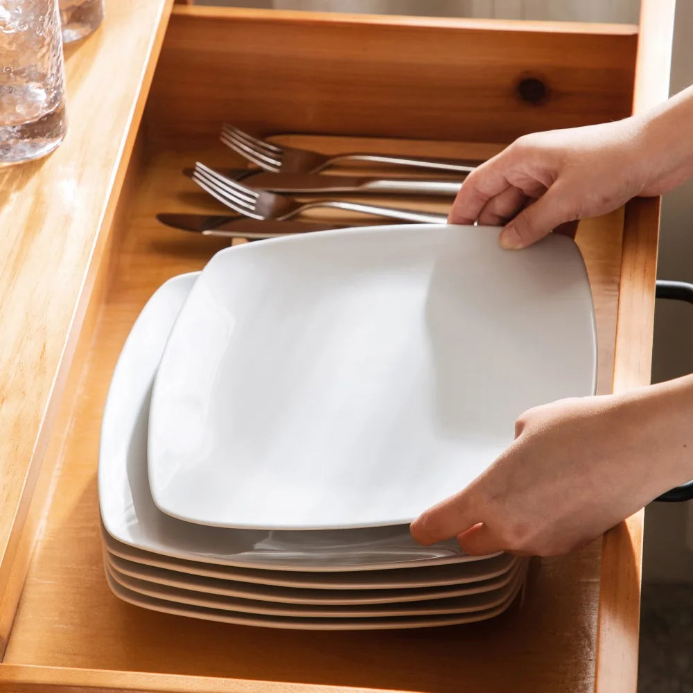 Porzellan MALACASA 6/12-teiliges weißes quadratisches Porzellan-Essteller-Set, Dessertteller, Salat, Obst, Rindfleisch, flaches Teller-Set (23,5 x 23,5 x 2 cm) Geschirrsets Europa CE-zertifiziert Premium Qualitaet Kostenloser Versand