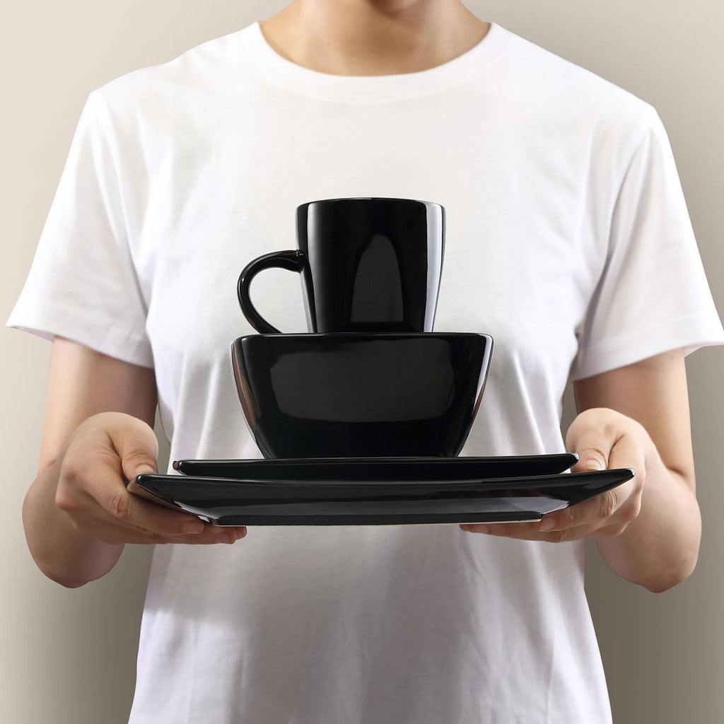 Vancasso soho 16/32/48-teiliges quadratisches Geschirrset aus schwarzem Keramik porzellan mit Teller, Dessert teller, Schüssel, 240ml Becherset Geschirrsets Europa CE-zertifiziert Premium Qualitaet Kostenloser Versand