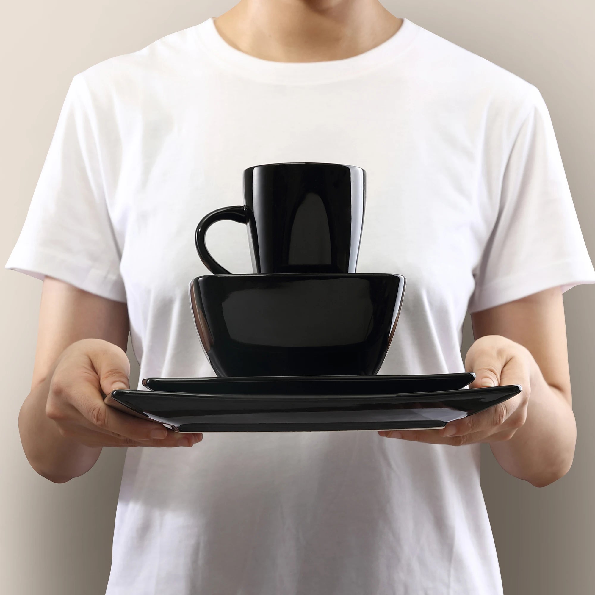 Vancasso soho 16/32/48-teiliges quadratisches Geschirrset aus schwarzem Keramik porzellan mit Teller, Dessert teller, Schüssel, 240ml Becherset Geschirrsets Europa CE-zertifiziert Premium Qualitaet Kostenloser Versand