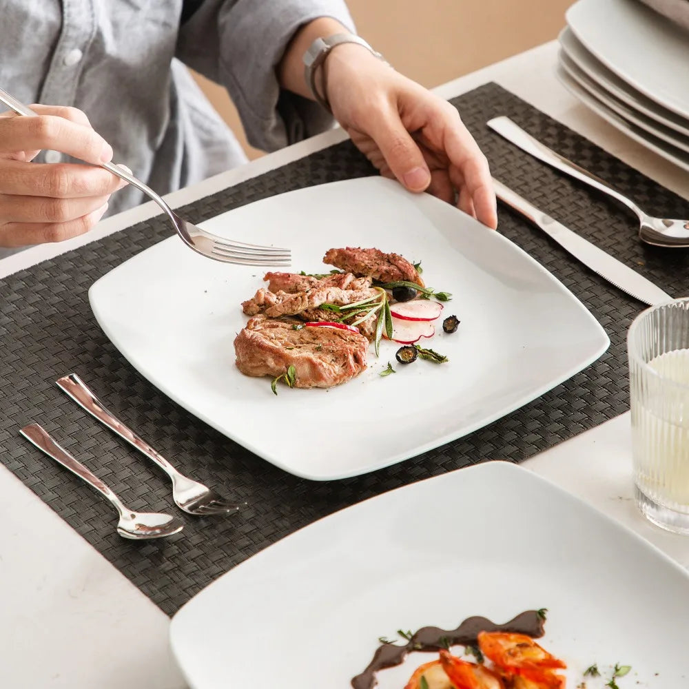 Porzellan MALACASA 6/12-teiliges weißes quadratisches Porzellan-Essteller-Set, Dessertteller, Salat, Obst, Rindfleisch, flaches Teller-Set (23,5 x 23,5 x 2 cm) Geschirrsets Europa CE-zertifiziert Premium Qualitaet Kostenloser Versand