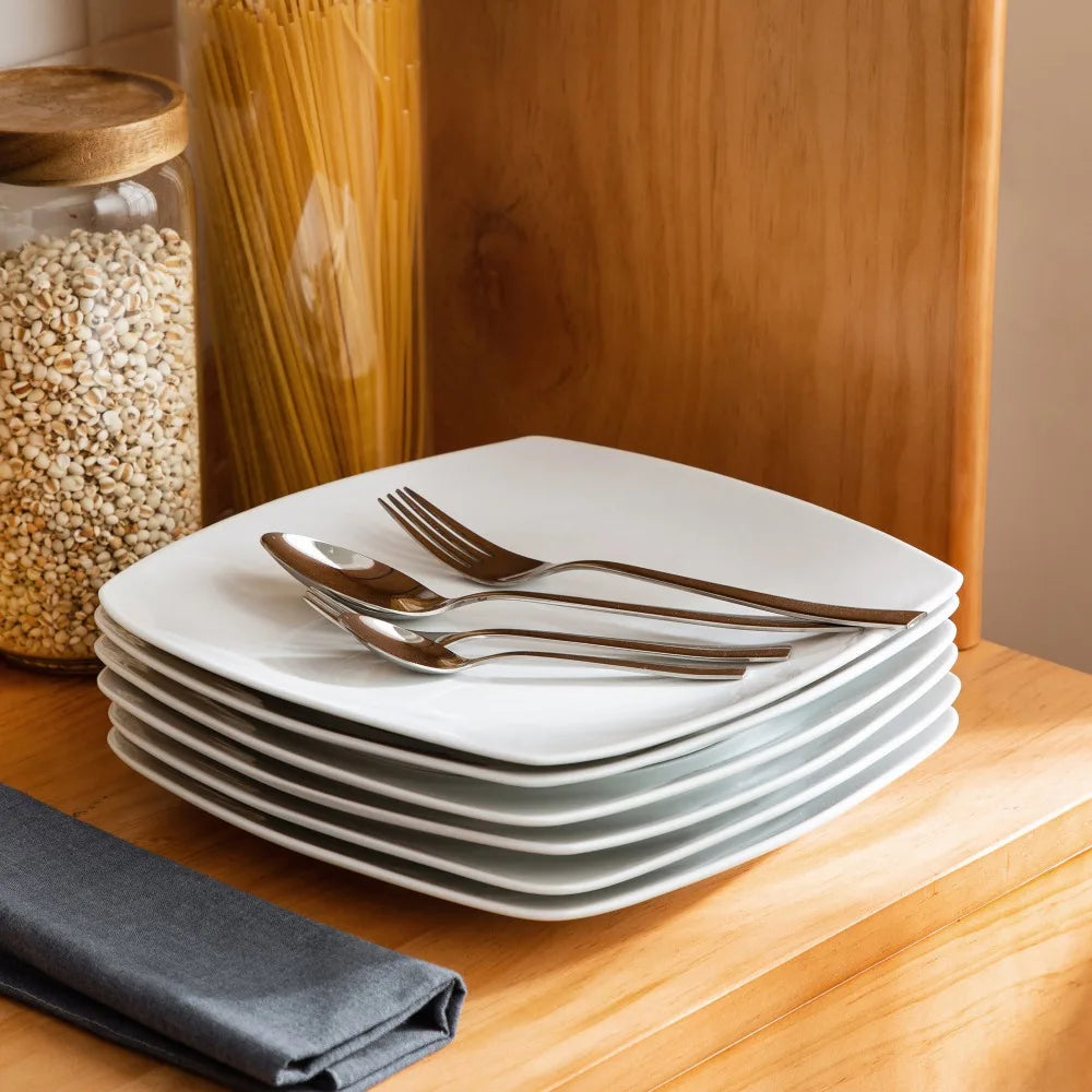 Porzellan MALACASA 6/12-teiliges weißes quadratisches Porzellan-Essteller-Set, Dessertteller, Salat, Obst, Rindfleisch, flaches Teller-Set (23,5 x 23,5 x 2 cm) Geschirrsets Europa CE-zertifiziert Premium Qualitaet Kostenloser Versand