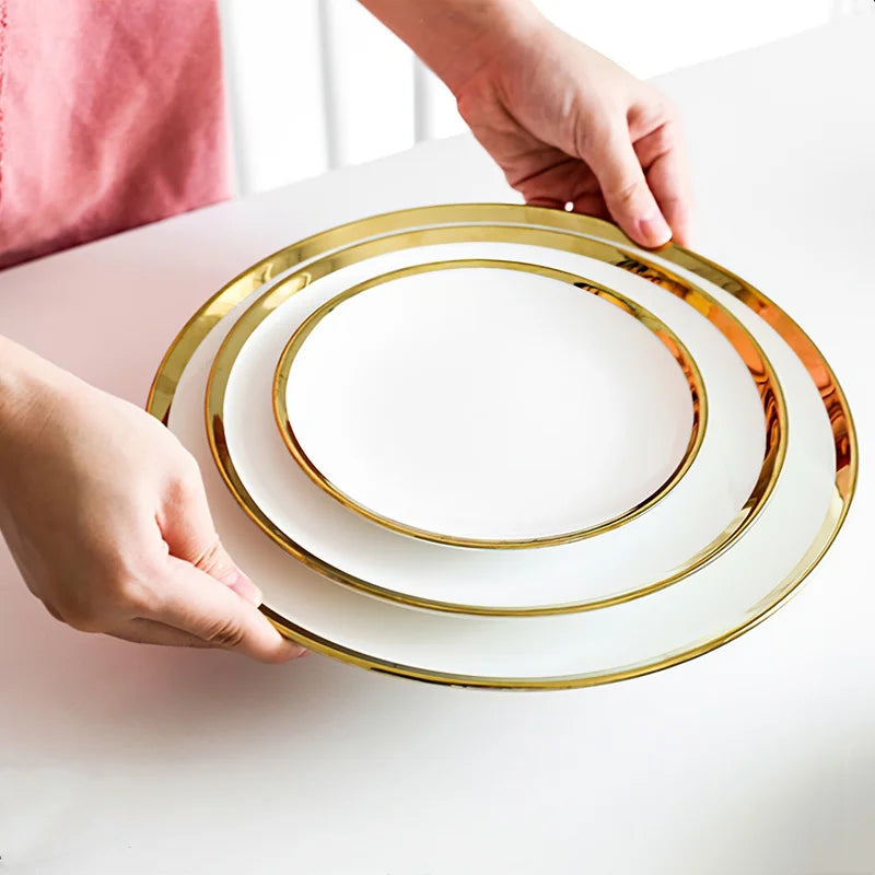 Premium Keramikteller Nordic Style – Runde Teller mit Silber/Gold-Rand 6/8/10 Zoll Geschirrsets Europa CE-zertifiziert Premium Qualitaet Kostenloser Versand