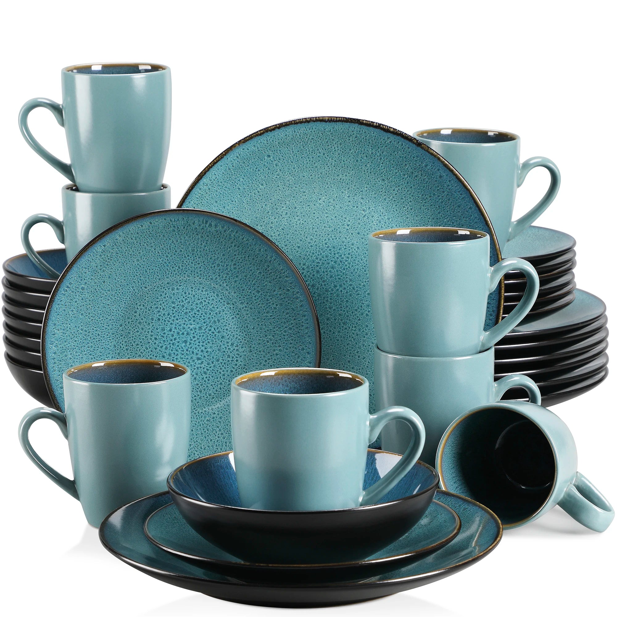 vancasso 16/32/48 pcs Keramik Teller Sets Vintage blau braun Steinzeug Geschirr Set mit Teller/Dessert/Schüssel/Kaffeetassen Geschirrsets Europa CE-zertifiziert Premium Qualitaet Kostenloser Versand