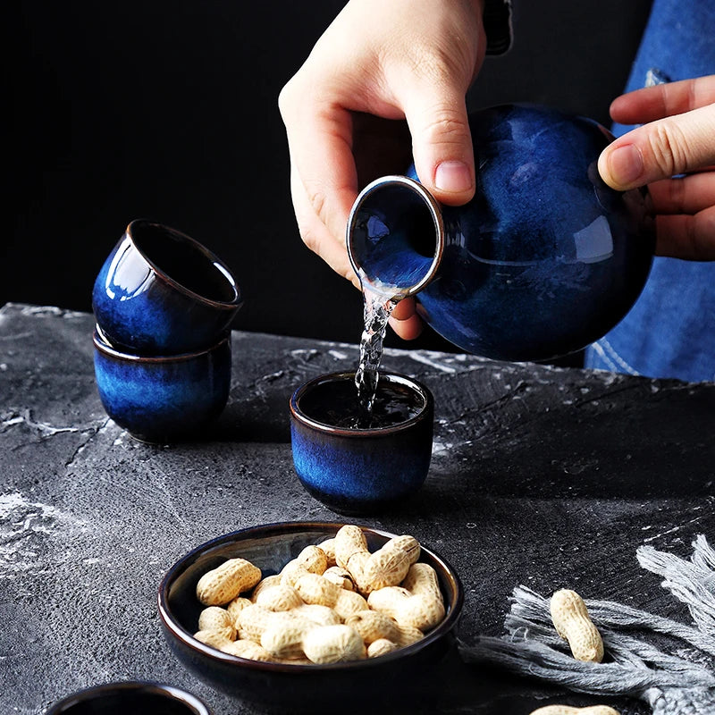 KINGLANG Sake Set 5-teilig Blau Keramik Geschirrsets Europa CE-zertifiziert Premium Qualitaet Kostenloser Versand