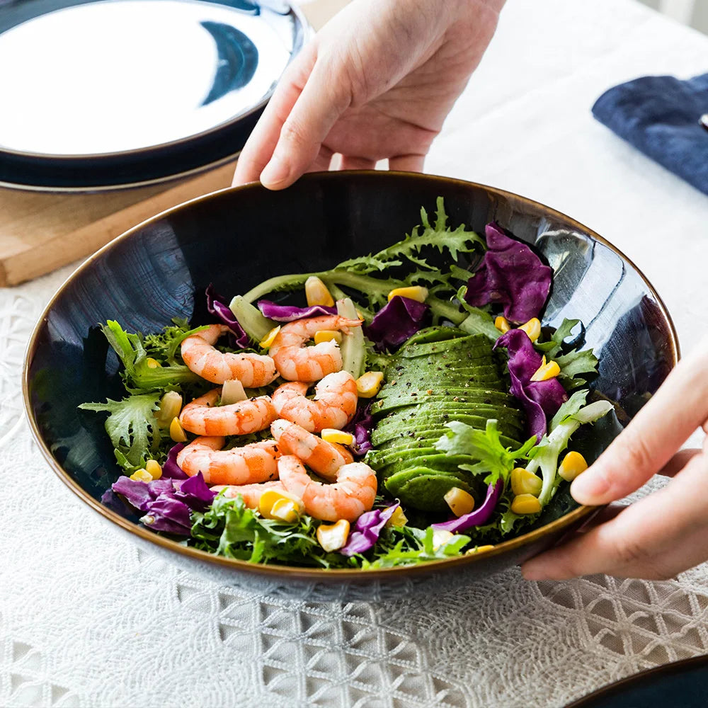 KINGLANG Retro Porzellan Teller Blau Glasiert Geschirrsets Europa CE-zertifiziert Premium Qualitaet Kostenloser Versand