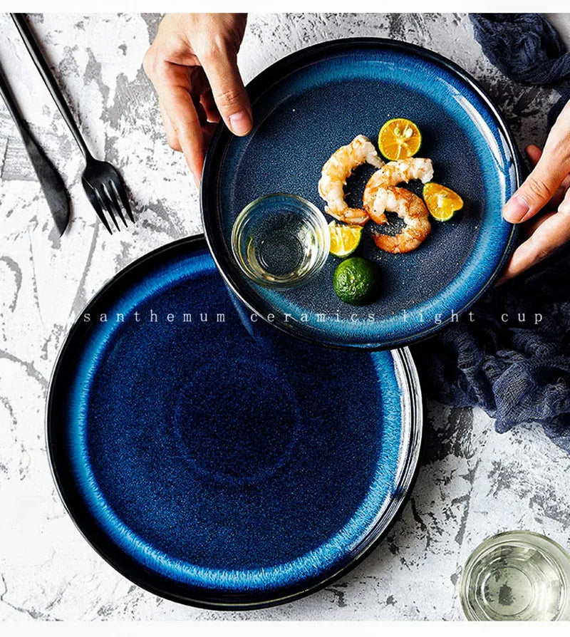 KINGLANG Japanische Ofenglasur Teller Tiefblau – Speiseteller 20cm & 25cm Steakplatte Geschirrsets Europa CE-zertifiziert Premium Qualitaet Kostenloser Versand