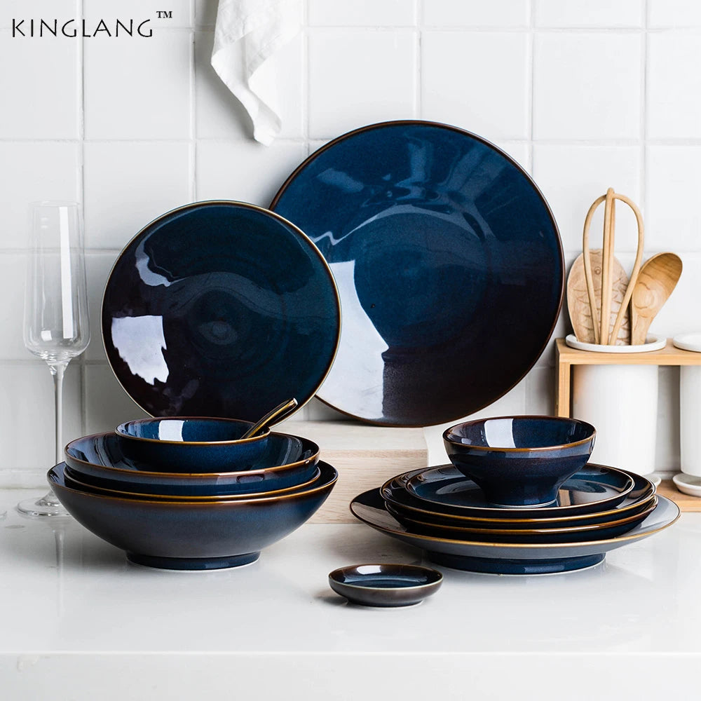 KINGLANG Retro Porzellan Teller Blau Glasiert Geschirrsets Europa CE-zertifiziert Premium Qualitaet Kostenloser Versand