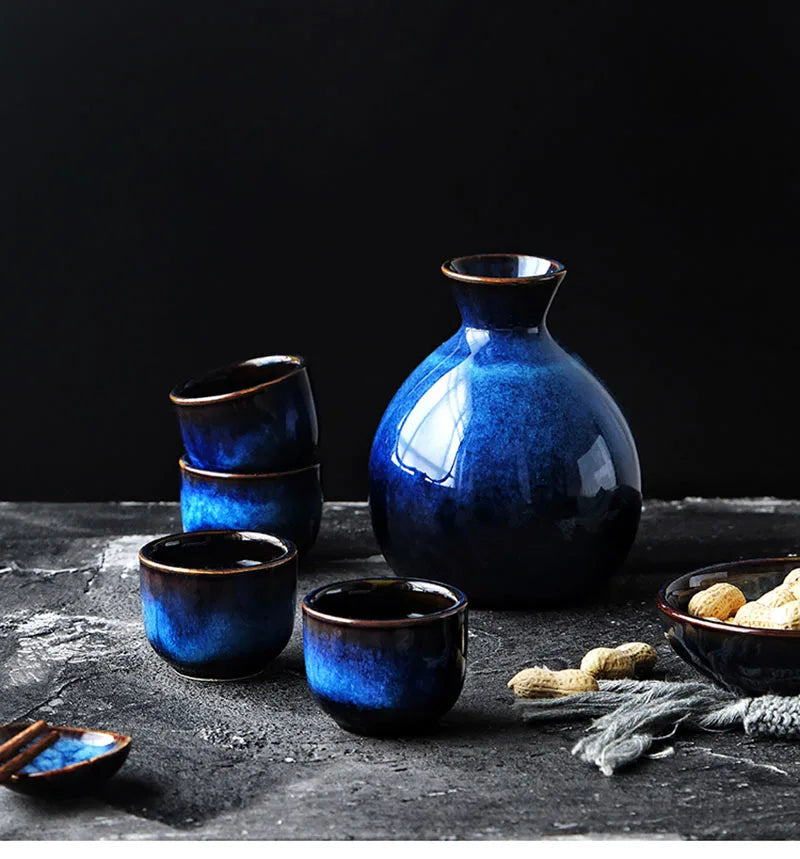 KINGLANG Sake Set 5-teilig Blau Keramik Geschirrsets Europa CE-zertifiziert Premium Qualitaet Kostenloser Versand