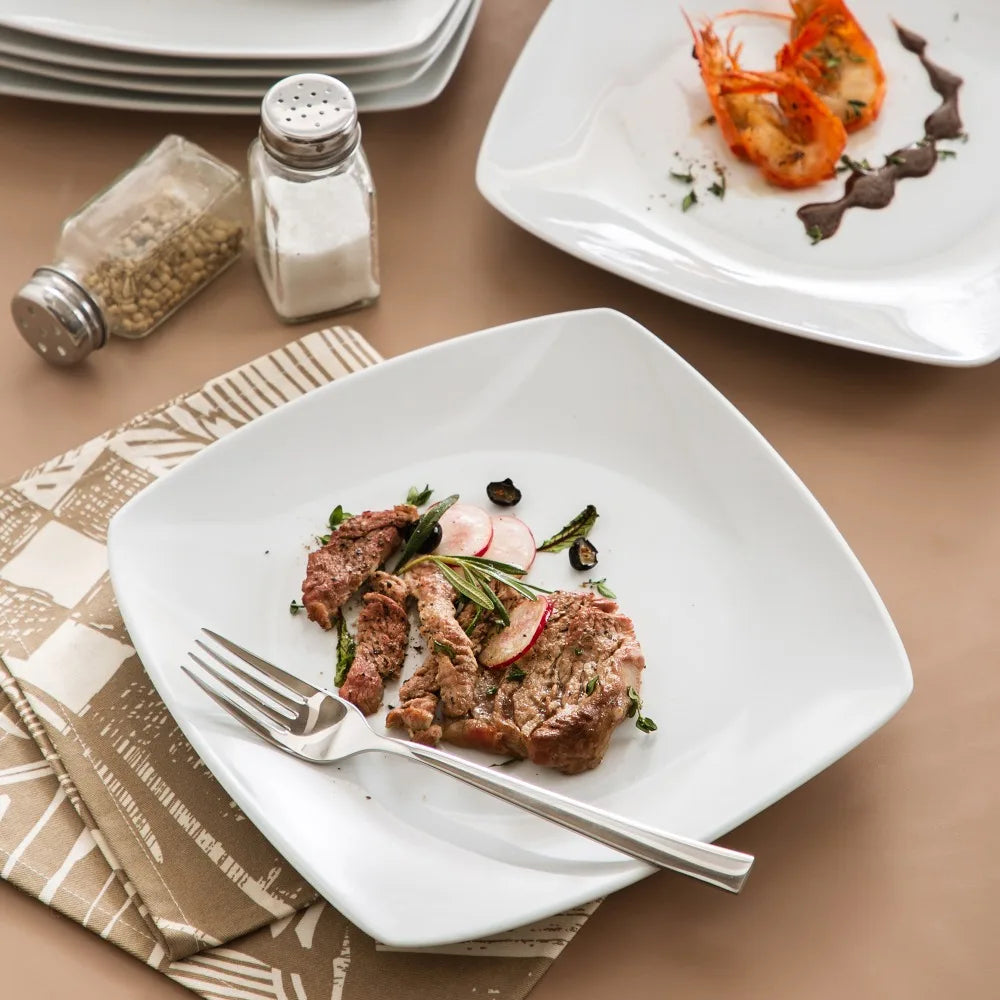 Porzellan MALACASA 6/12-teiliges weißes quadratisches Porzellan-Essteller-Set, Dessertteller, Salat, Obst, Rindfleisch, flaches Teller-Set (23,5 x 23,5 x 2 cm) Geschirrsets Europa CE-zertifiziert Premium Qualitaet Kostenloser Versand