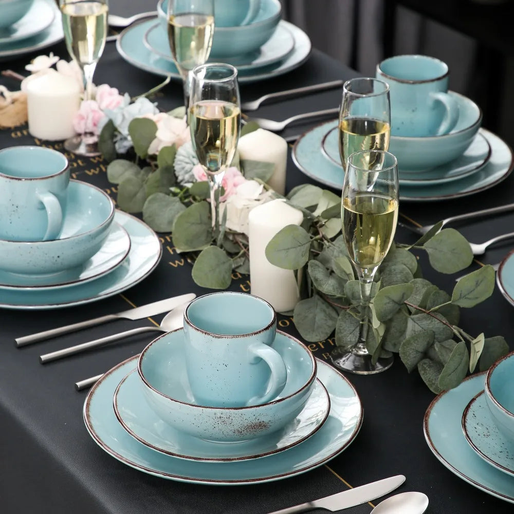 Vancasso Keramik-Teller-Set 12/24-teilig Grüne Reaktivglasur – Vertikale Kante Geschirrsets Europa CE-zertifiziert Premium Qualitaet Kostenloser Versand