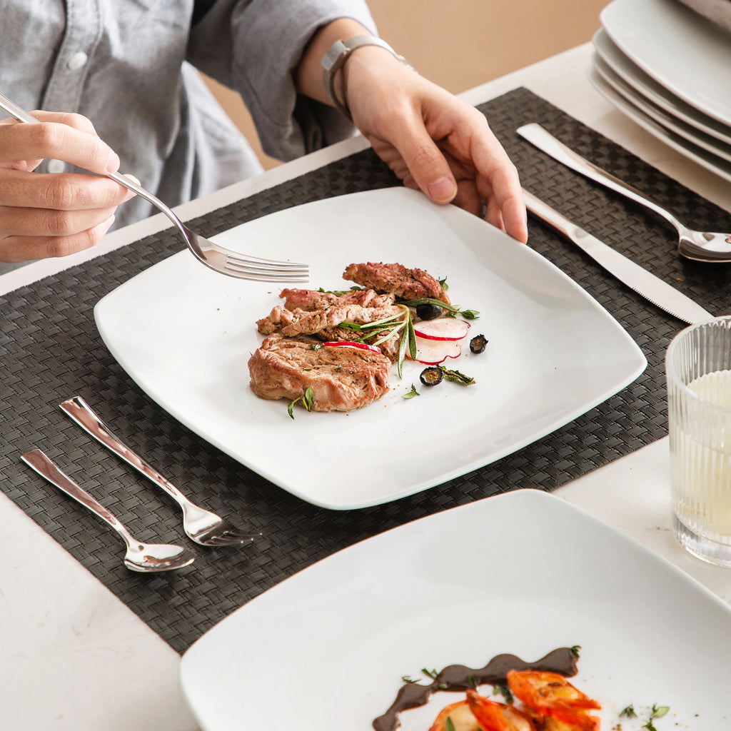 Porzellan MALACASA 6/12-teiliges weißes quadratisches Porzellan-Essteller-Set, Dessertteller, Salat, Obst, Rindfleisch, flaches Teller-Set (23,5 x 23,5 x 2 cm) Geschirrsets Europa CE-zertifiziert Premium Qualitaet Kostenloser Versand