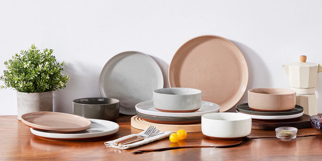 MALACASA TARA 12/24-teiliges Geschirrset mit gebogenem Rand, Sesamglasur, Steinzeug-Teller-Set mit 4/6-teiligem Speiseteller/Dessert/Schüssel Geschirrsets Europa CE-zertifiziert Premium Qualitaet Kostenloser Versand