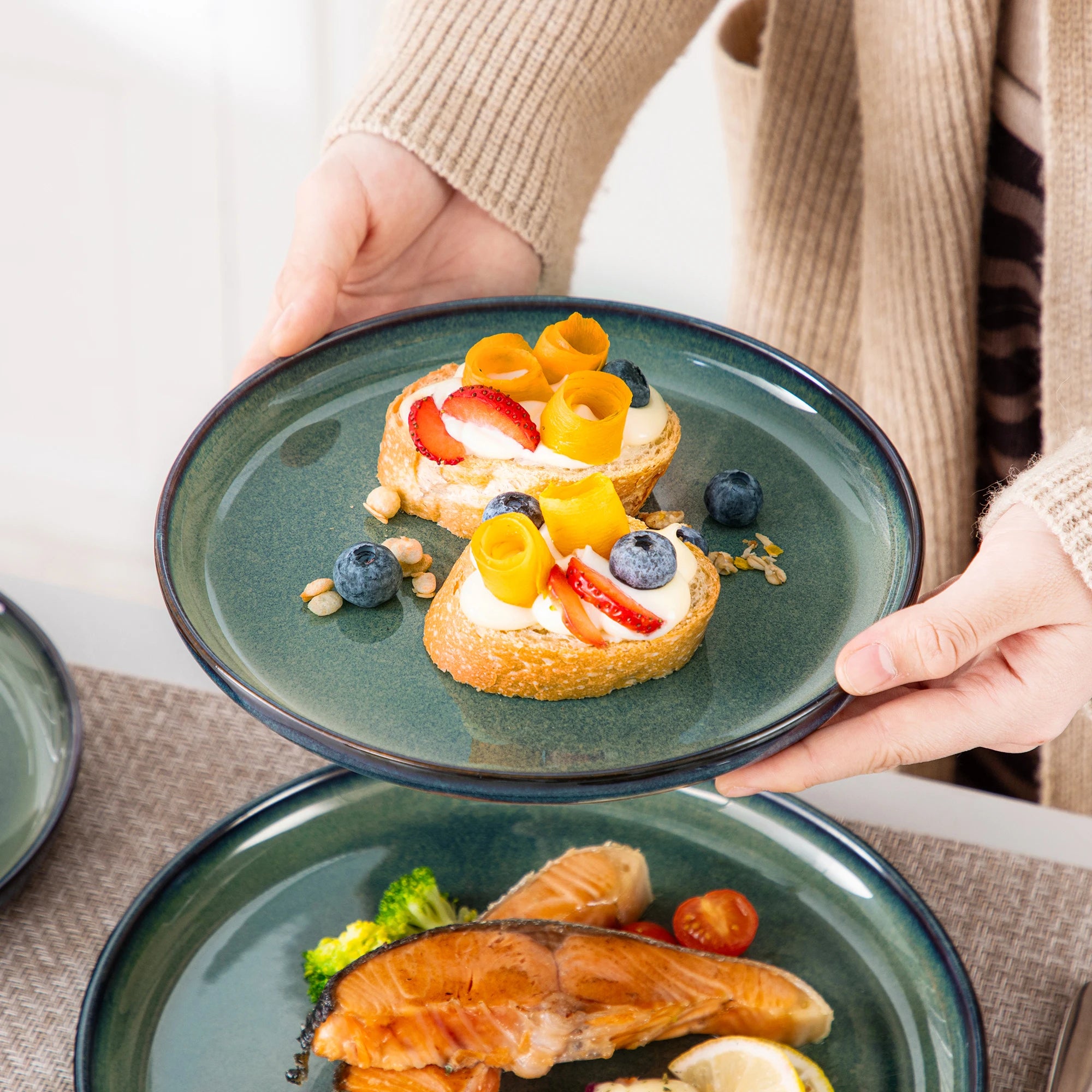 Vancasso Geschirrset 12/18-teilig Grüne Reaktivglasur – Kratzfestes Steinzeug Speiseteller, Dessert, Schüssel Geschirrsets Europa CE-zertifiziert Premium Qualitaet Kostenloser Versand