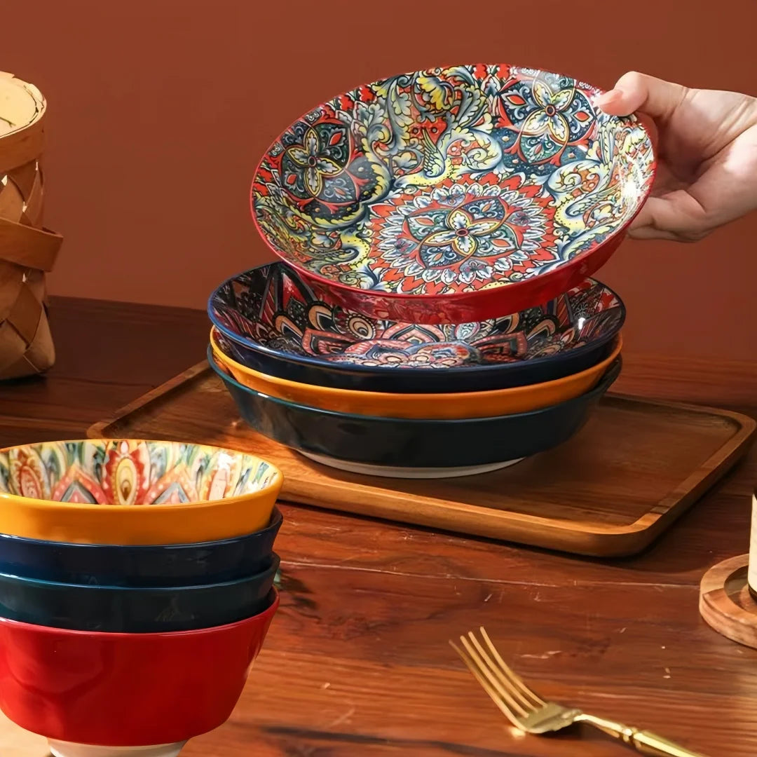 Böhmischer Keramikteller 7-teiliges Set grenzüberschreitender hochwertiger Teller Haushalt neuer Dessertteller unterglasierter Teller Spaghetti-Schüssel Geschirrsets Europa CE-zertifiziert Premium Qualitaet Kostenloser Versand