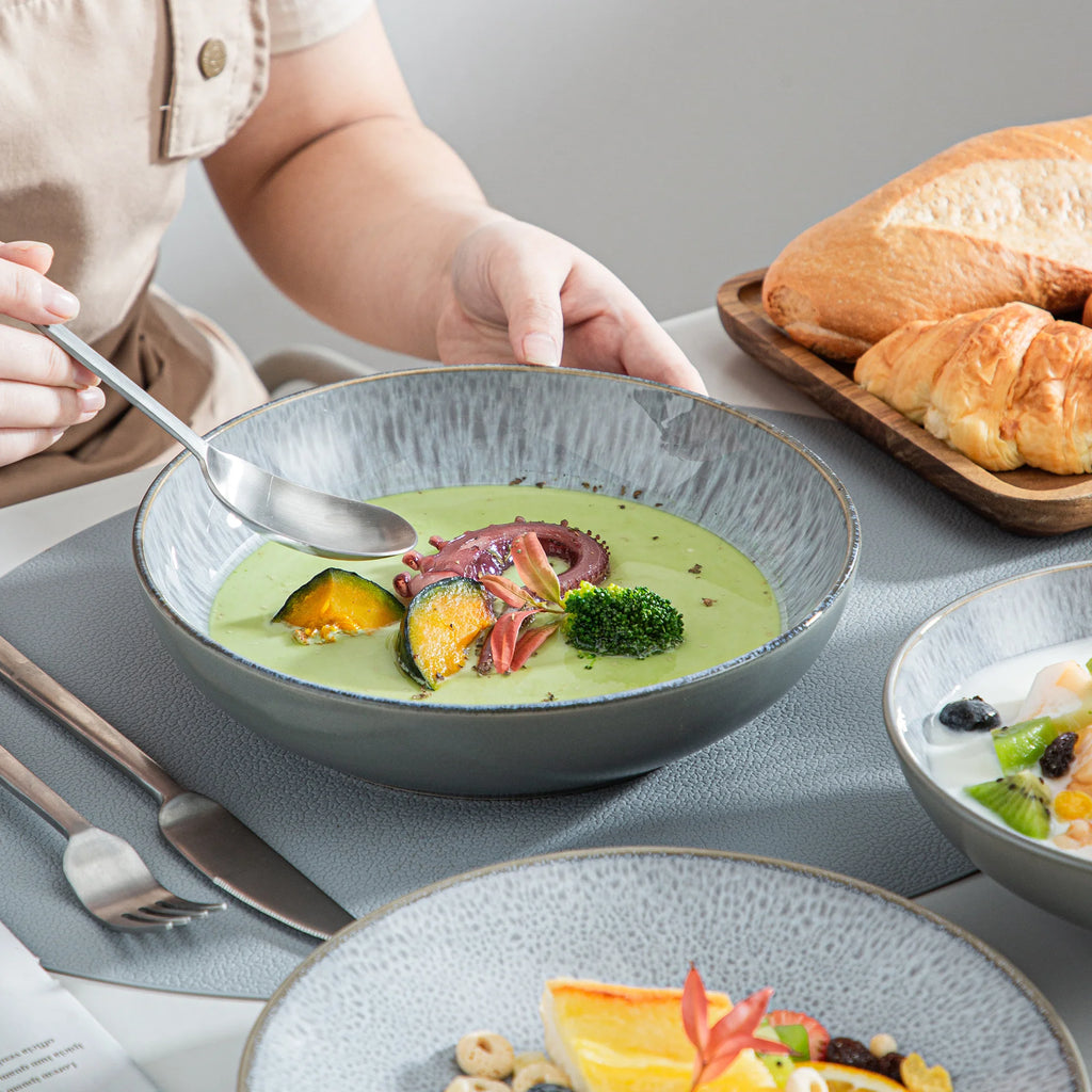 VANCASSO KARST 16/32/48-teiliges Geschirrset aus geprägtem Steinzeug mit Abendessen-/Dessertteller-/Suppenschüssel-/Becherservice für 4/8/12 Personen Geschirrsets Europa CE-zertifiziert Premium Qualitaet Kostenloser Versand