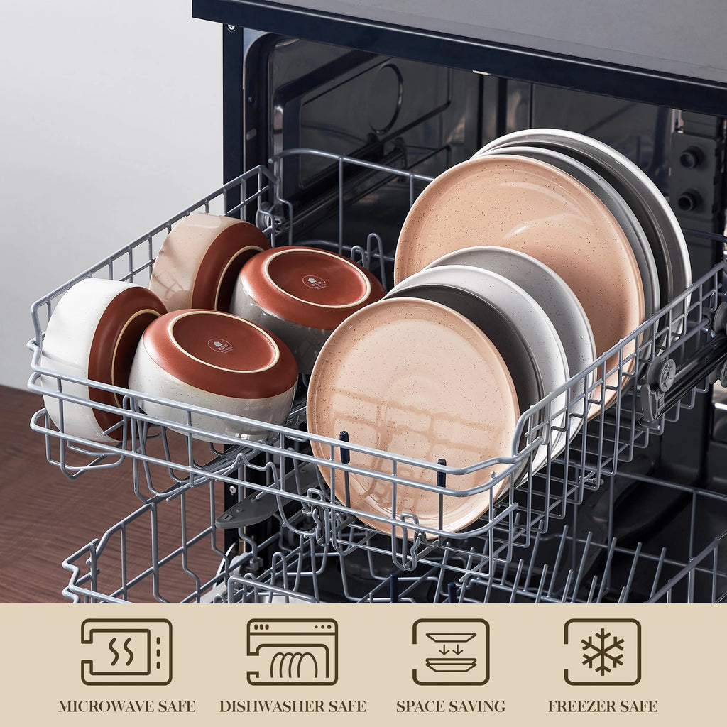 MALACASA TARA 12/24-teiliges Geschirrset mit gebogenem Rand, Sesamglasur, Steinzeug-Teller-Set mit 4/6-teiligem Speiseteller/Dessert/Schüssel Geschirrsets Europa CE-zertifiziert Premium Qualitaet Kostenloser Versand