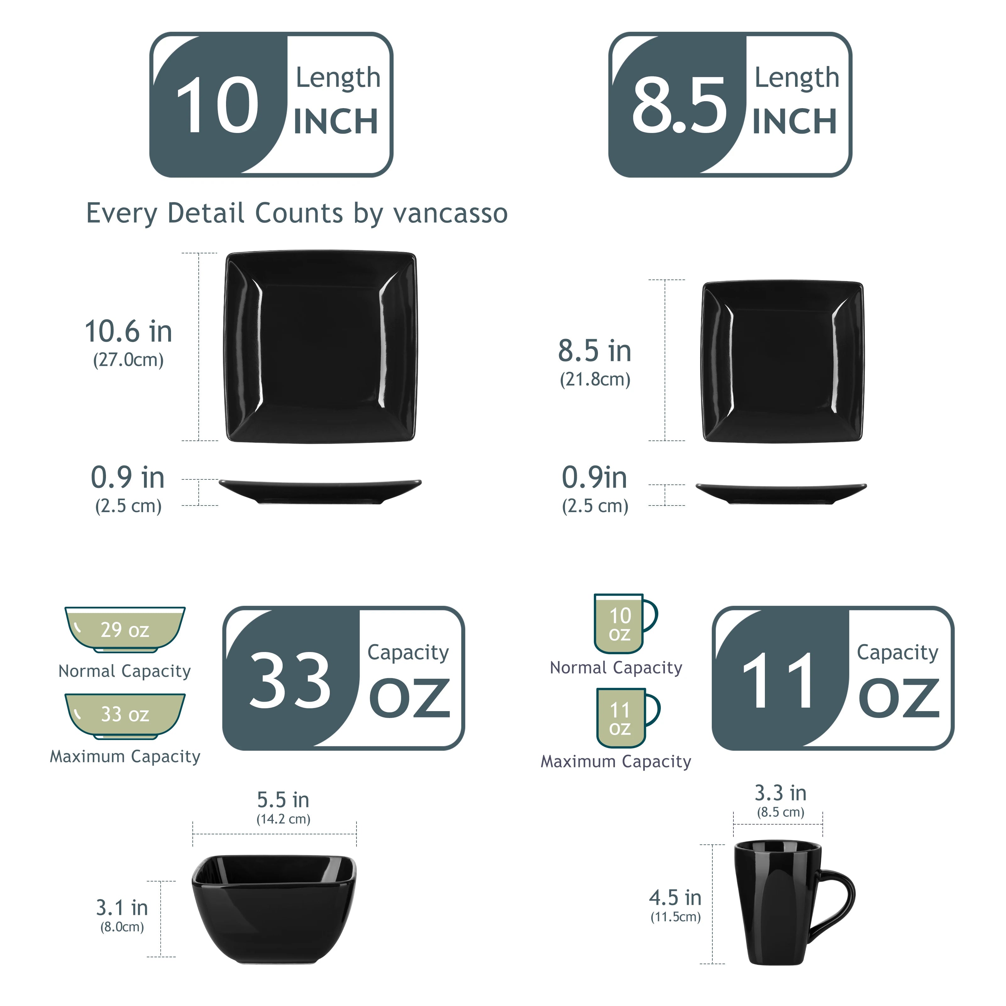 Vancasso soho 16/32/48-teiliges quadratisches Geschirrset aus schwarzem Keramik porzellan mit Teller, Dessert teller, Schüssel, 240ml Becherset Geschirrsets Europa CE-zertifiziert Premium Qualitaet Kostenloser Versand