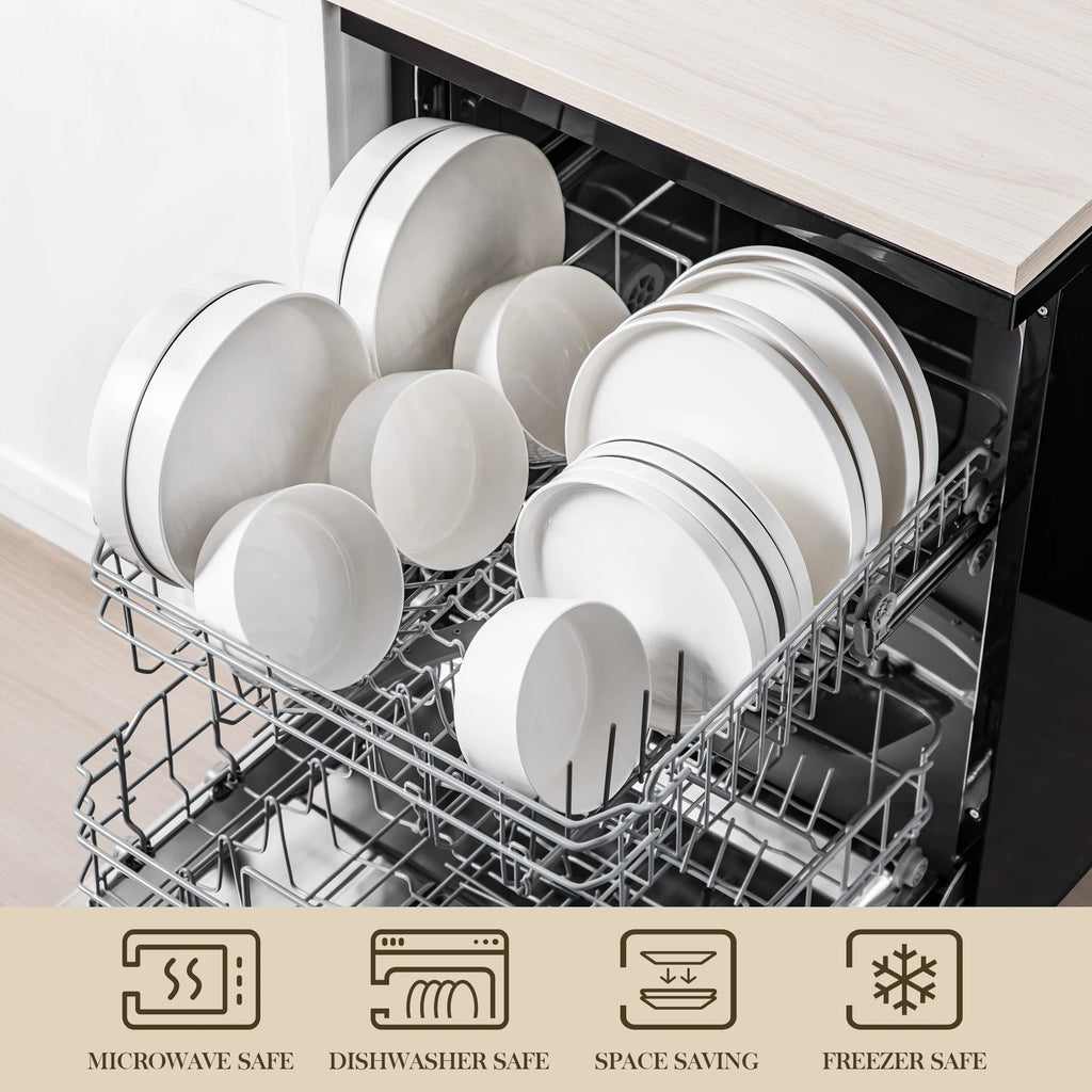 MALACASA 12/16/18/24-teiliges Speiseteller-Set, schwarzer Rand, halbstehende Kante, Geschirr mit 4/6 Stück Speiseteller/Dessert/Suppe/Schüssel Geschirrsets Europa CE-zertifiziert Premium Qualitaet Kostenloser Versand