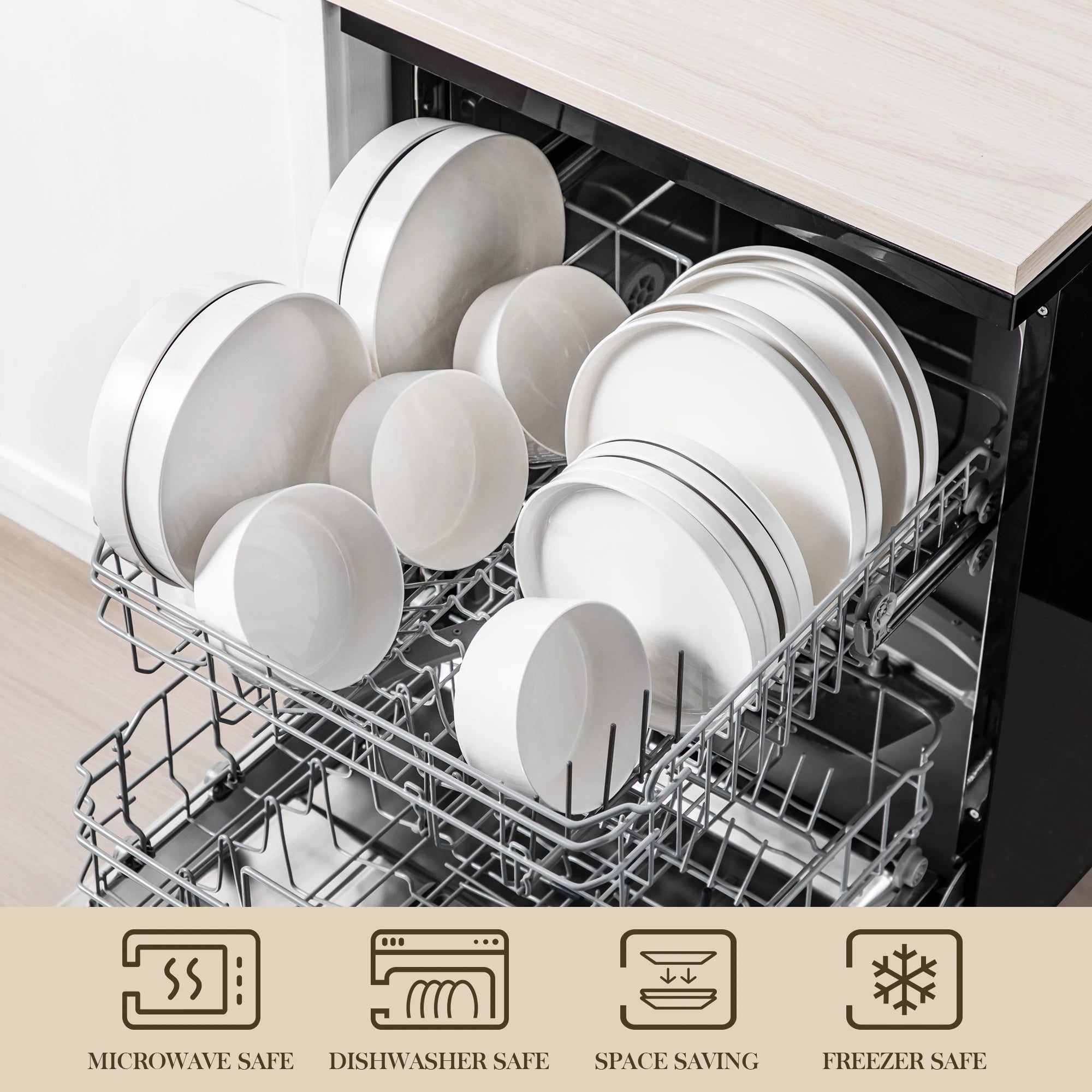 MALACASA 12/16/18/24-teiliges Speiseteller-Set, schwarzer Rand, halbstehende Kante, Geschirr mit 4/6 Stück Speiseteller/Dessert/Suppe/Schüssel Geschirrsets Europa CE-zertifiziert Premium Qualitaet Kostenloser Versand