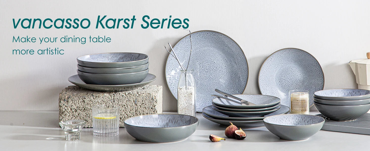 VANCASSO KARST 16/32/48-teiliges Geschirrset aus geprägtem Steinzeug mit Abendessen-/Dessertteller-/Suppenschüssel-/Becherservice für 4/8/12 Personen Geschirrsets Europa CE-zertifiziert Premium Qualitaet Kostenloser Versand