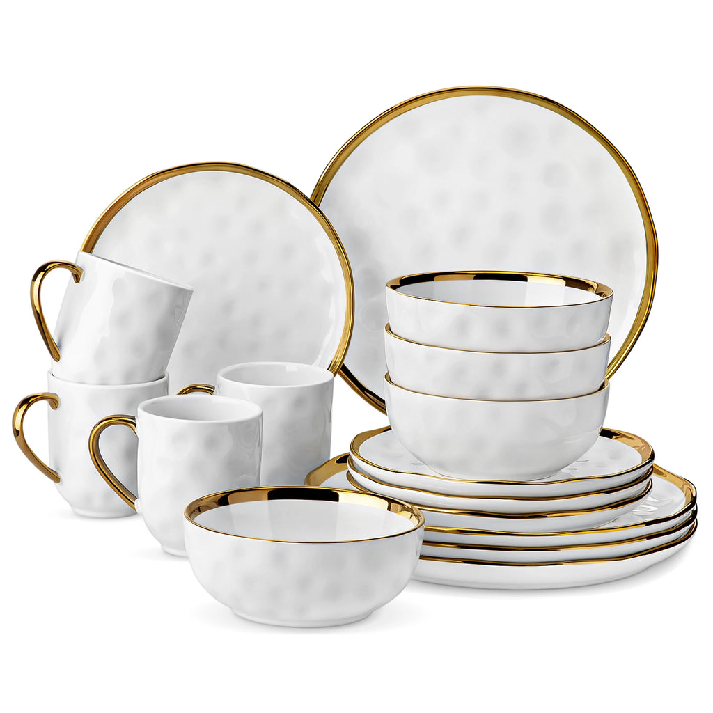 LOVECASA 16/32 Stück weißes handgemachtes Geschirrset mit Gold besatz Steinzeug-Set Teller/Dessert teller/Tasse/Schüssel Geschirrset Geschirrsets Europa CE-zertifiziert Premium Qualitaet Kostenloser Versand