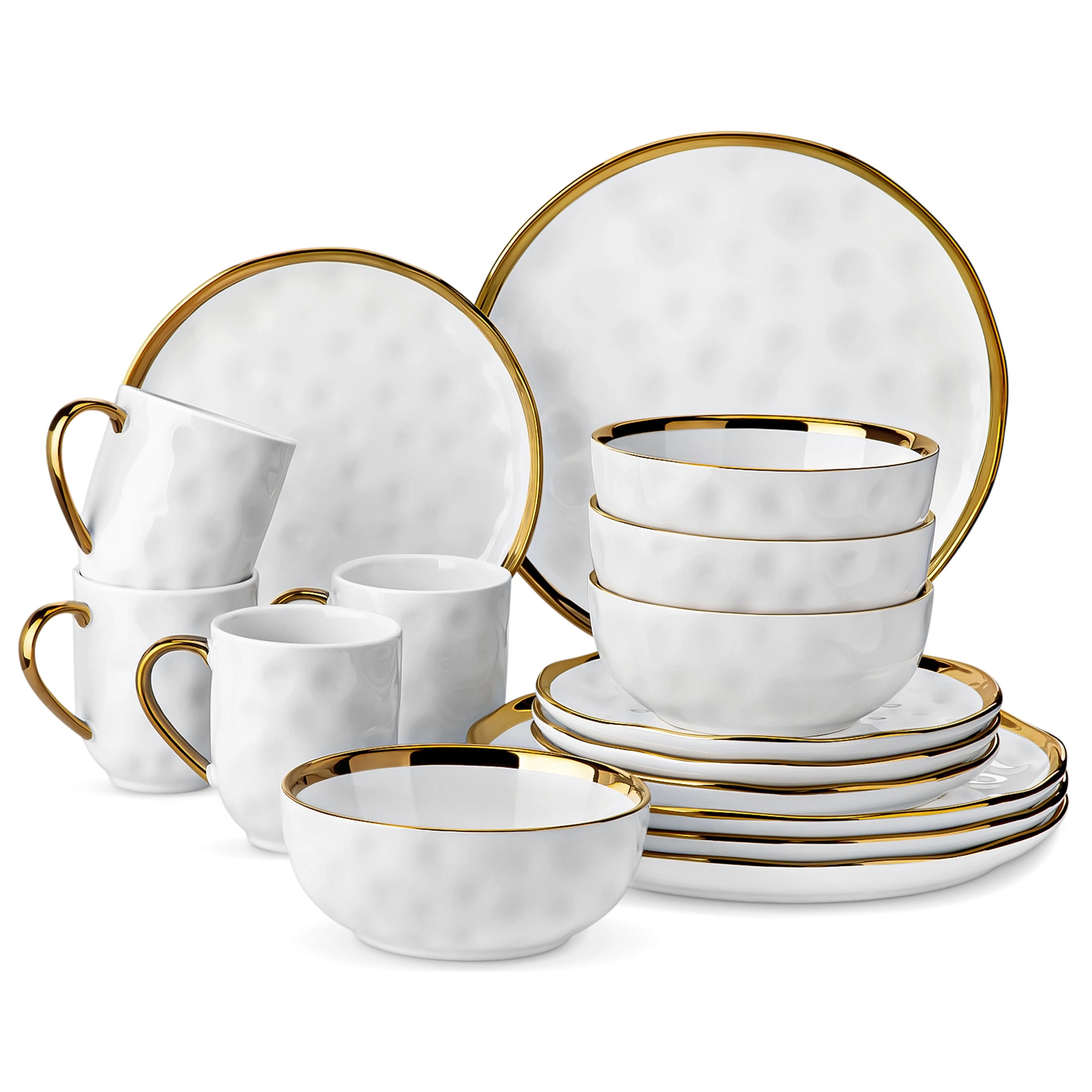 LOVECASA 16/32 Stück weißes handgemachtes Geschirrset mit Gold besatz Steinzeug-Set Teller/Dessert teller/Tasse/Schüssel Geschirrset Geschirrsets Europa CE-zertifiziert Premium Qualitaet Kostenloser Versand