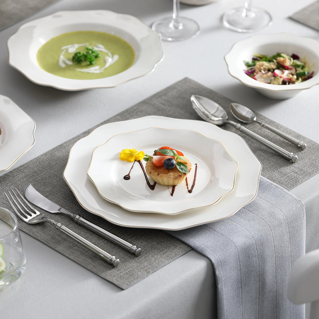 Porzellan MALACASA 16/32-TEILIGES nordisches europäisches goldenes Rand-Geschirrset aus weißem Porzellan mit Schüssel, Abendessen, Dessert und Suppenteller-Set für 4/8 Geschirrsets Europa CE-zertifiziert Premium Qualitaet Kostenloser Versand