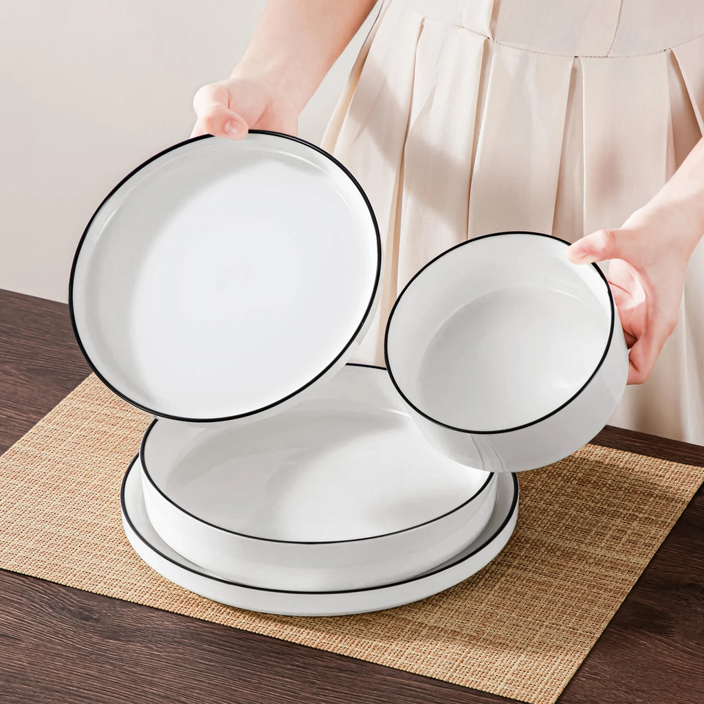Porzellan MALACASA 12/16/18/24-teiliges Speiseteller-Set, schwarzer Rand, halbstehende Kante, Geschirr mit 4/6 Stück Speiseteller/Dessert/Suppe/Schüssel Geschirrsets Europa CE-zertifiziert Premium Qualitaet Kostenloser Versand