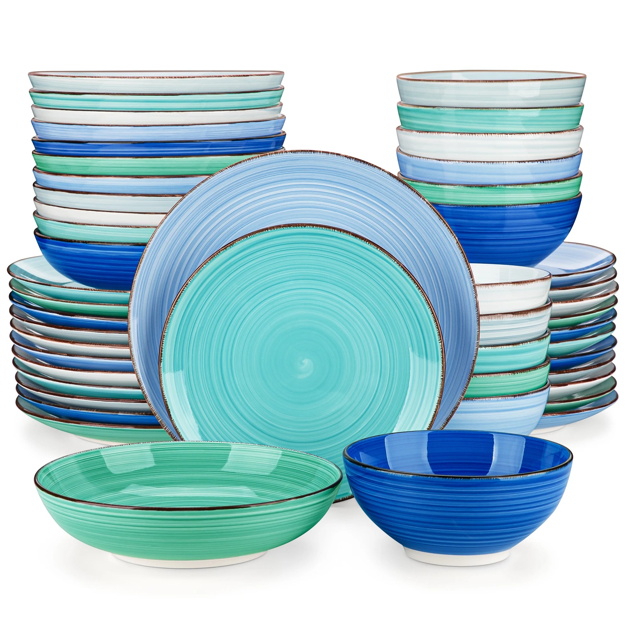 Vancasso Keramik-Geschirrset 48-teilig Farbig Handbemalt – Spiralmuster Teller, Dessert, Schüssel, Suppenteller Geschirrsets Europa CE-zertifiziert Premium Qualitaet Kostenloser Versand