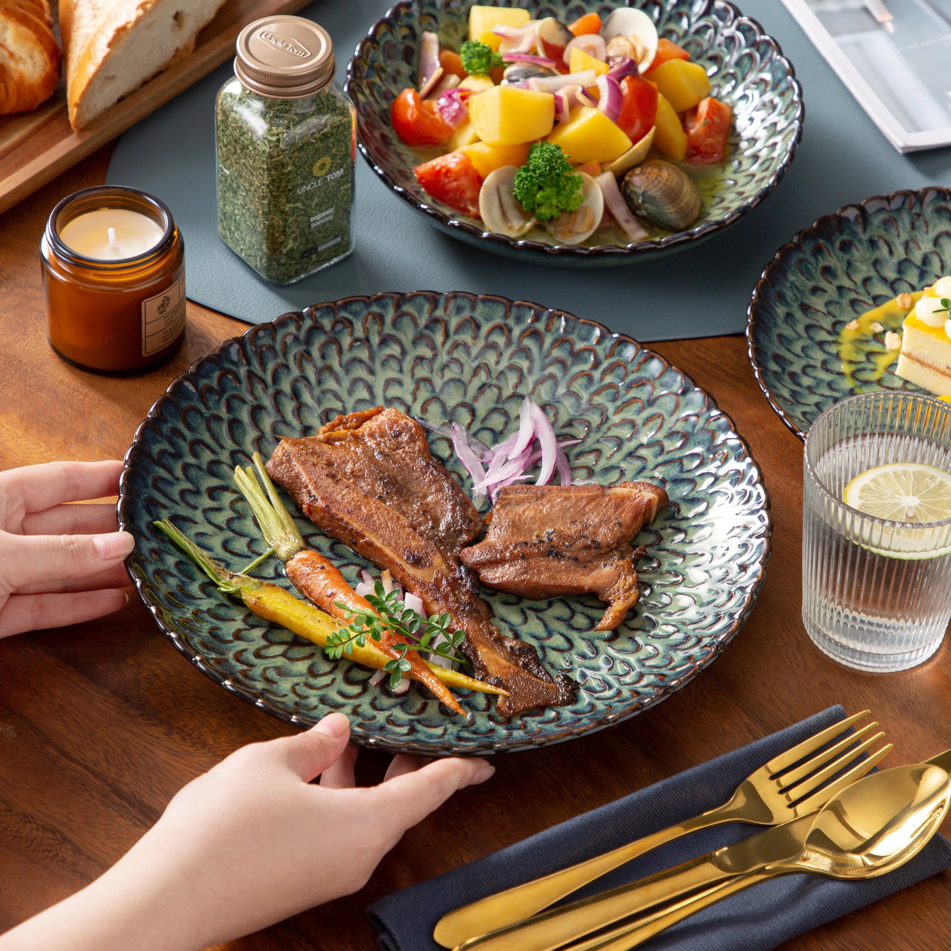 vancasso Grünes Geschirr aus Keramik, 12/24-teiliges Steinzeug-Geschirr, Chrys-Kombinationsset aus strukturiertem Keramik, Service für 6/12 Personen Geschirrsets Europa CE-zertifiziert Premium Qualitaet Kostenloser Versand