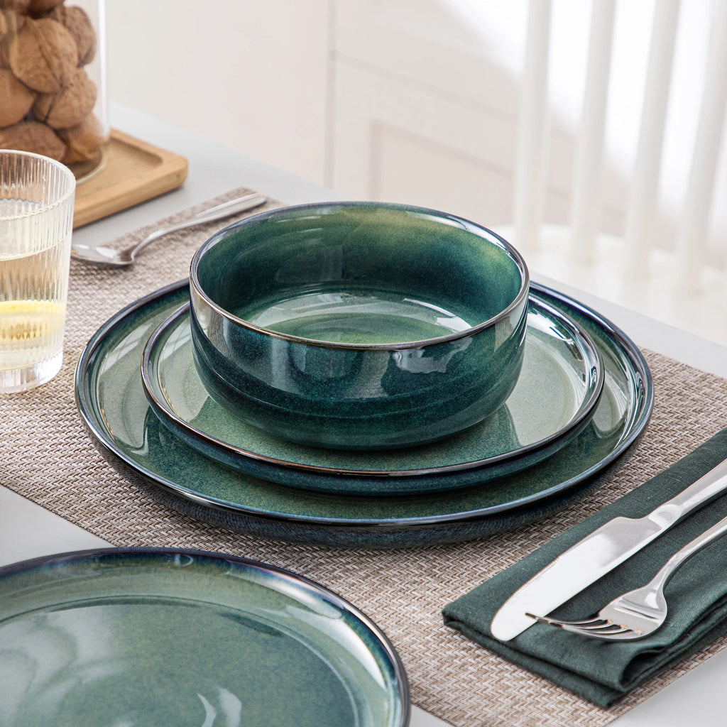 Vancasso Geschirrset 12/18-teilig Grüne Reaktivglasur – Kratzfestes Steinzeug Speiseteller, Dessert, Schüssel Geschirrsets Europa CE-zertifiziert Premium Qualitaet Kostenloser Versand