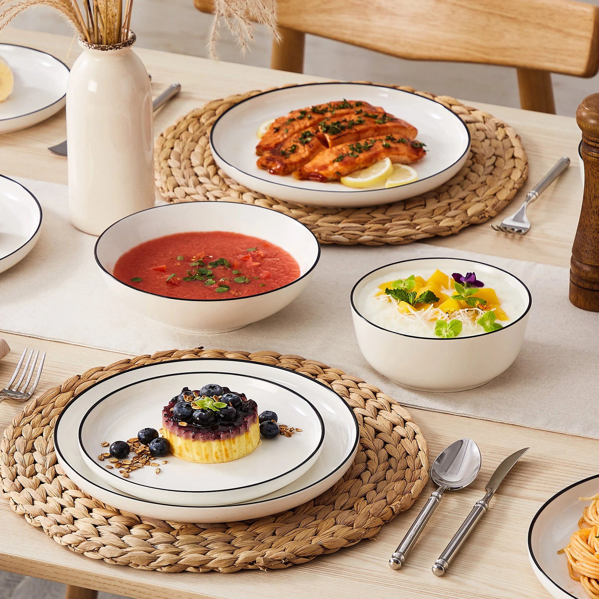 MALACASA 12/16/18/24 Stück Porzellanteller, Geschirrsets, Keramikteller-Set mit 4/6 Stück Speiseteller/Dessert/Müslieschüssel/Suppe Geschirrsets Europa CE-zertifiziert Premium Qualitaet Kostenloser Versand