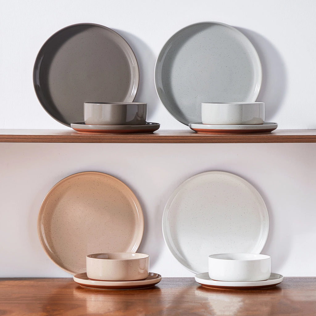 MALACASA TARA 12/24-teiliges Geschirrset mit gebogenem Rand, Sesamglasur, Steinzeug-Teller-Set mit 4/6-teiligem Speiseteller/Dessert/Schüssel Geschirrsets Europa CE-zertifiziert Premium Qualitaet Kostenloser Versand