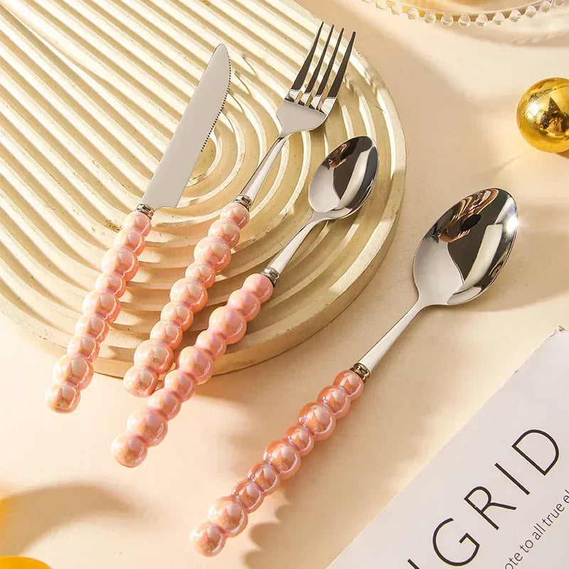 4er Besteckset mit Keramikperlengriff Geschirrsets Europa CE-zertifiziert Premium Qualitaet Kostenloser Versand