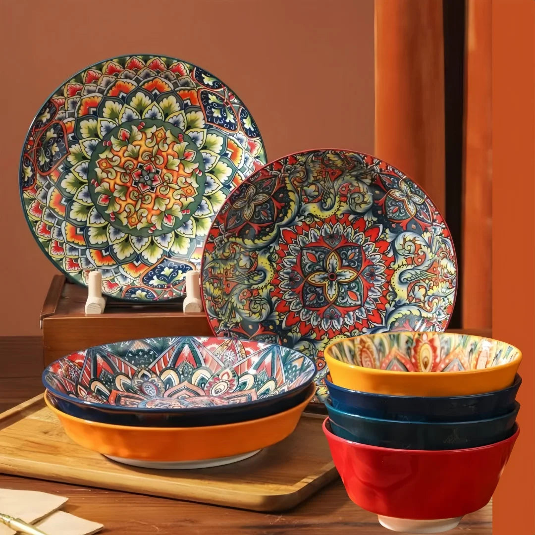 Böhmischer Keramikteller 7-teiliges Set grenzüberschreitender hochwertiger Teller Haushalt neuer Dessertteller unterglasierter Teller Spaghetti-Schüssel Geschirrsets Europa CE-zertifiziert Premium Qualitaet Kostenloser Versand