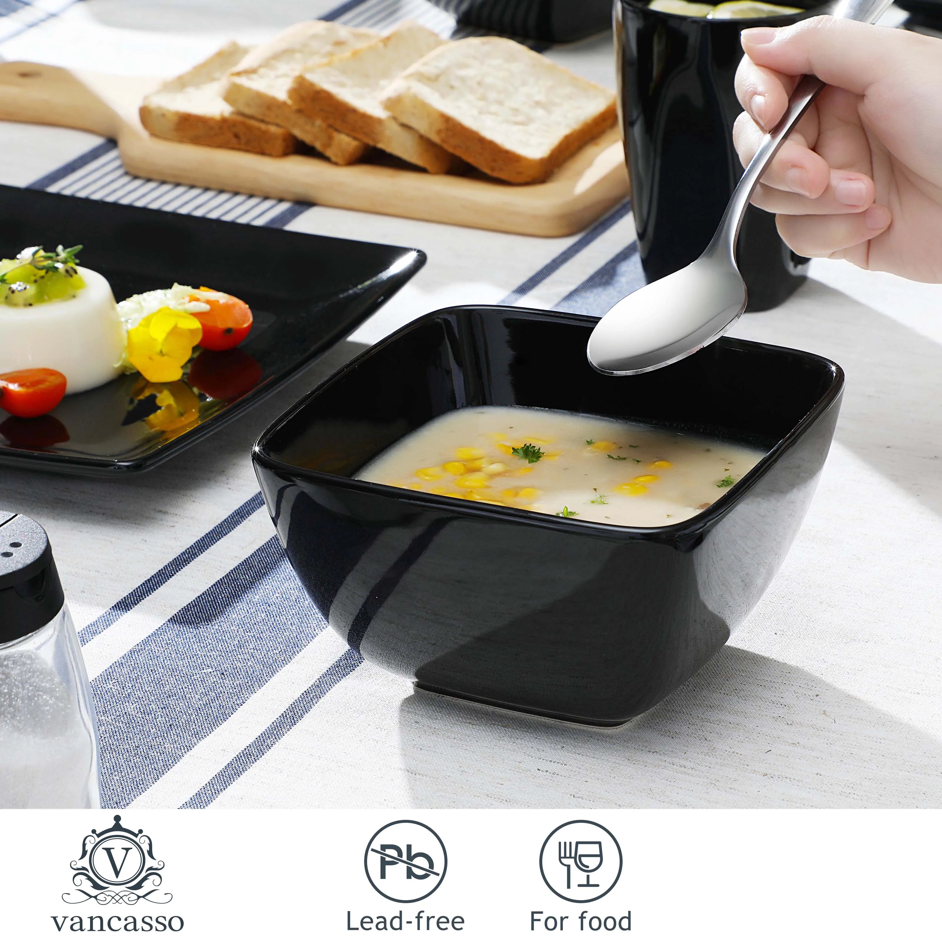 Vancasso soho 16/32/48-teiliges quadratisches Geschirrset aus schwarzem Keramik porzellan mit Teller, Dessert teller, Schüssel, 240ml Becherset Geschirrsets Europa CE-zertifiziert Premium Qualitaet Kostenloser Versand