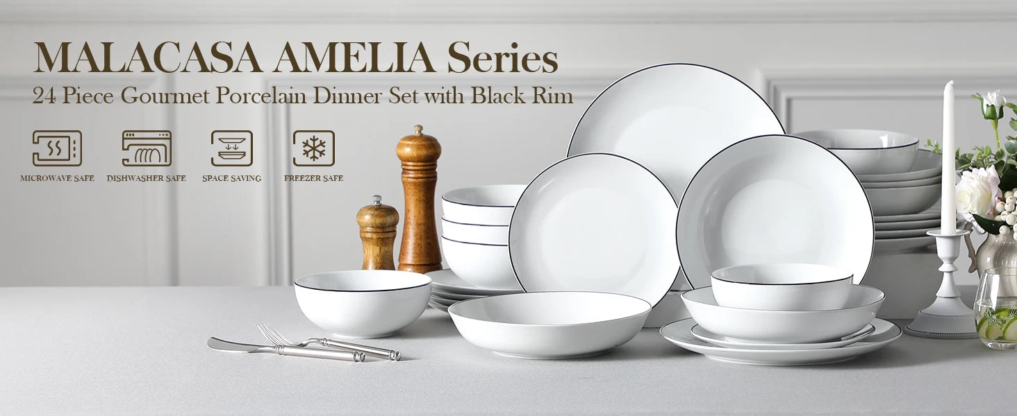 Porzellan MALACASA 24-teiliges Keramik-Geschirrset mit schwarzem Rand, weißes Porzellan-Teller-Set mit 4 Speiseteller/Dessert/Suppenteller/Schüssel Geschirrsets Europa CE-zertifiziert Premium Qualitaet Kostenloser Versand