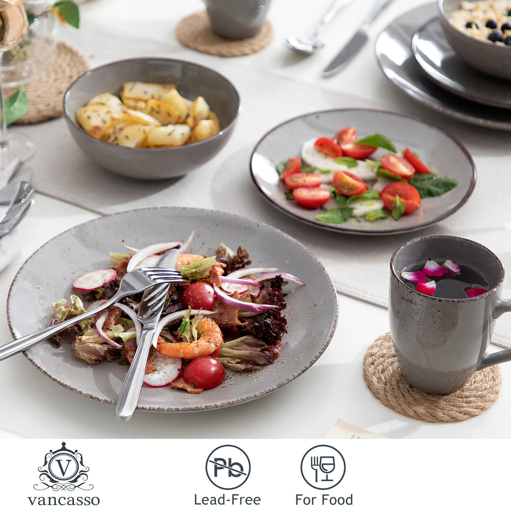Vancasso Navia Grau 16/32/48-Stück Keramik Steinzeug Geschirr Set mit Teller, Dessert Platte, 800ml Schüssel, Becher Geschirr Set Geschirrsets Europa CE-zertifiziert Premium Qualitaet Kostenloser Versand