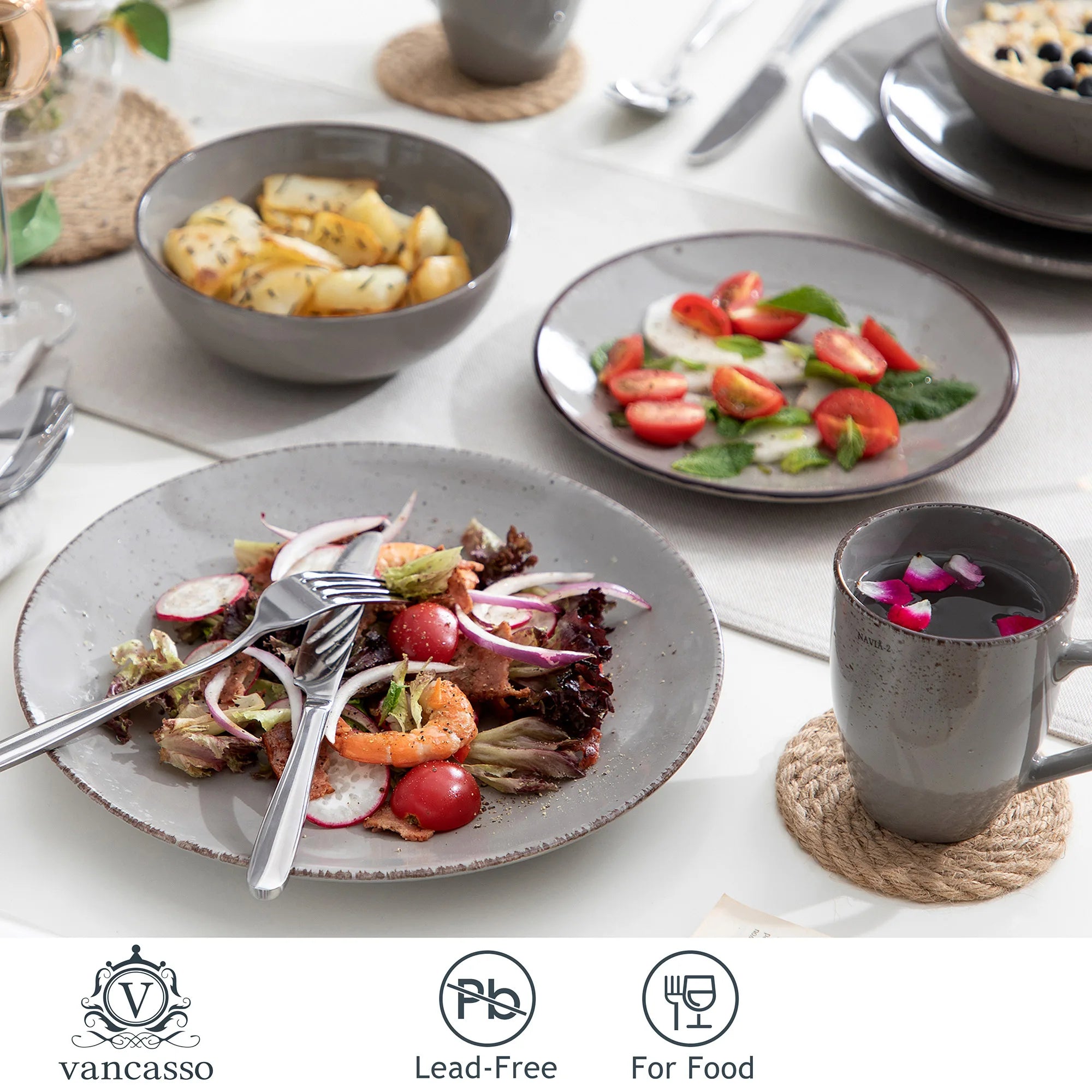 Vancasso Navia Grau 16/32/48-Stück Keramik Steinzeug Geschirr Set mit Teller, Dessert Platte, 800ml Schüssel, Becher Geschirr Set Geschirrsets Europa CE-zertifiziert Premium Qualitaet Kostenloser Versand