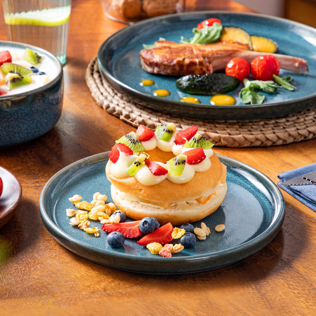 Vancasso Keramik-Teller-Set 12/24-teilig Blaue Reaktivglasur – Vertikale Kante Geschirrsets Europa CE-zertifiziert Premium Qualitaet Kostenloser Versand