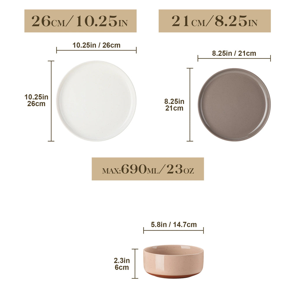 MALACASA TARA 12/24-teiliges Geschirrset mit gebogenem Rand, Sesamglasur, Steinzeug-Teller-Set mit 4/6-teiligem Speiseteller/Dessert/Schüssel Geschirrsets Europa CE-zertifiziert Premium Qualitaet Kostenloser Versand