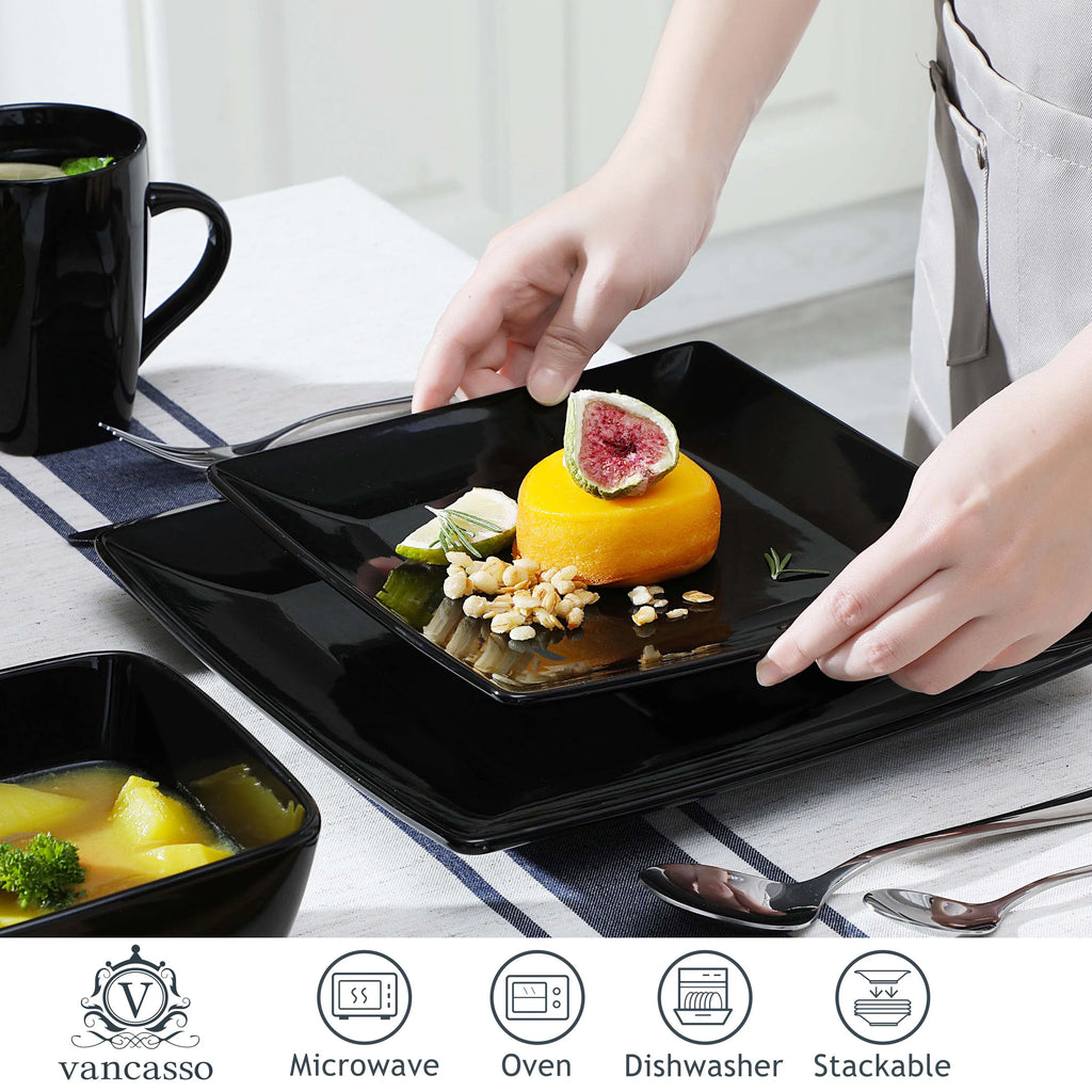 Vancasso soho 16/32/48-teiliges quadratisches Geschirrset aus schwarzem Keramik porzellan mit Teller, Dessert teller, Schüssel, 240ml Becherset Geschirrsets Europa CE-zertifiziert Premium Qualitaet Kostenloser Versand