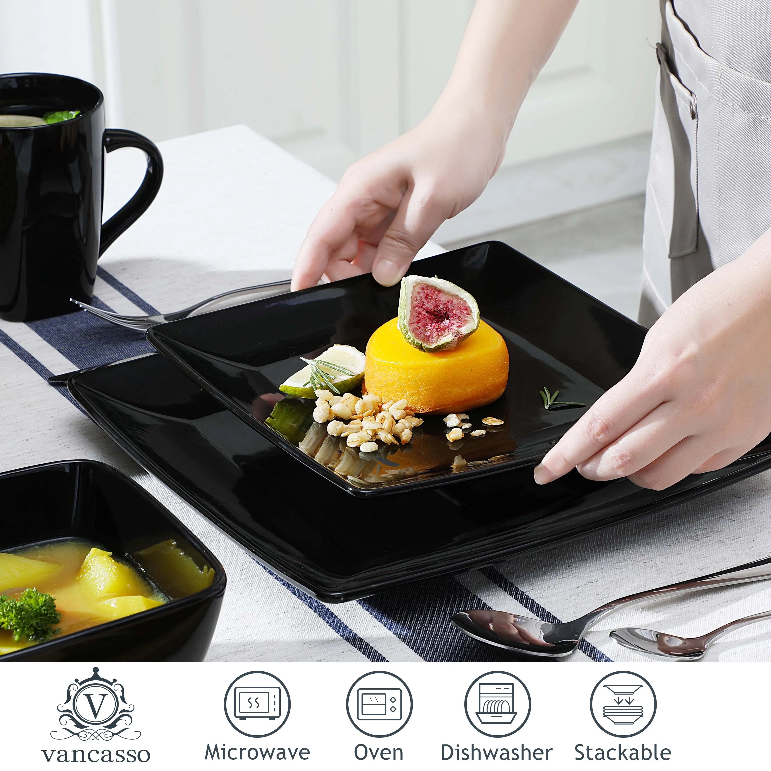 Vancasso soho 16/32/48-teiliges quadratisches Geschirrset aus schwarzem Keramik porzellan mit Teller, Dessert teller, Schüssel, 240ml Becherset Geschirrsets Europa CE-zertifiziert Premium Qualitaet Kostenloser Versand