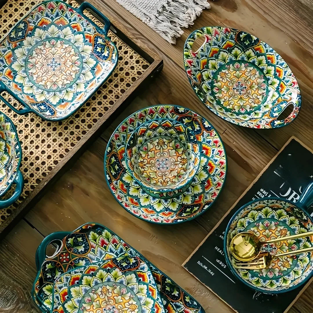 Böhmischer Keramikteller 7-teiliges Set grenzüberschreitender hochwertiger Teller Haushalt neuer Dessertteller unterglasierter Teller Spaghetti-Schüssel Geschirrsets Europa CE-zertifiziert Premium Qualitaet Kostenloser Versand