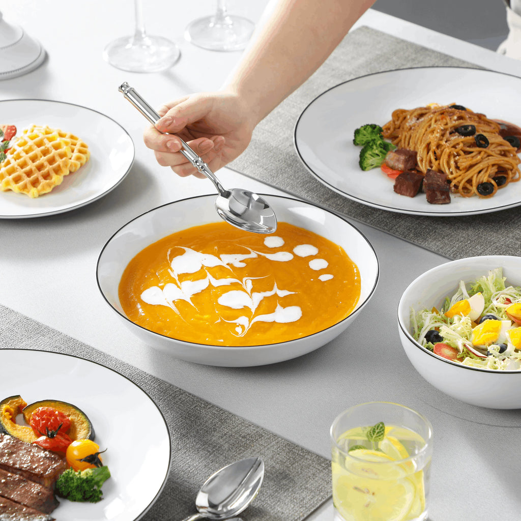 Porzellan MALACASA 24-teiliges Keramik-Geschirrset mit schwarzem Rand, weißes Porzellan-Teller-Set mit 4 Speiseteller/Dessert/Suppenteller/Schüssel Geschirrsets Europa CE-zertifiziert Premium Qualitaet Kostenloser Versand