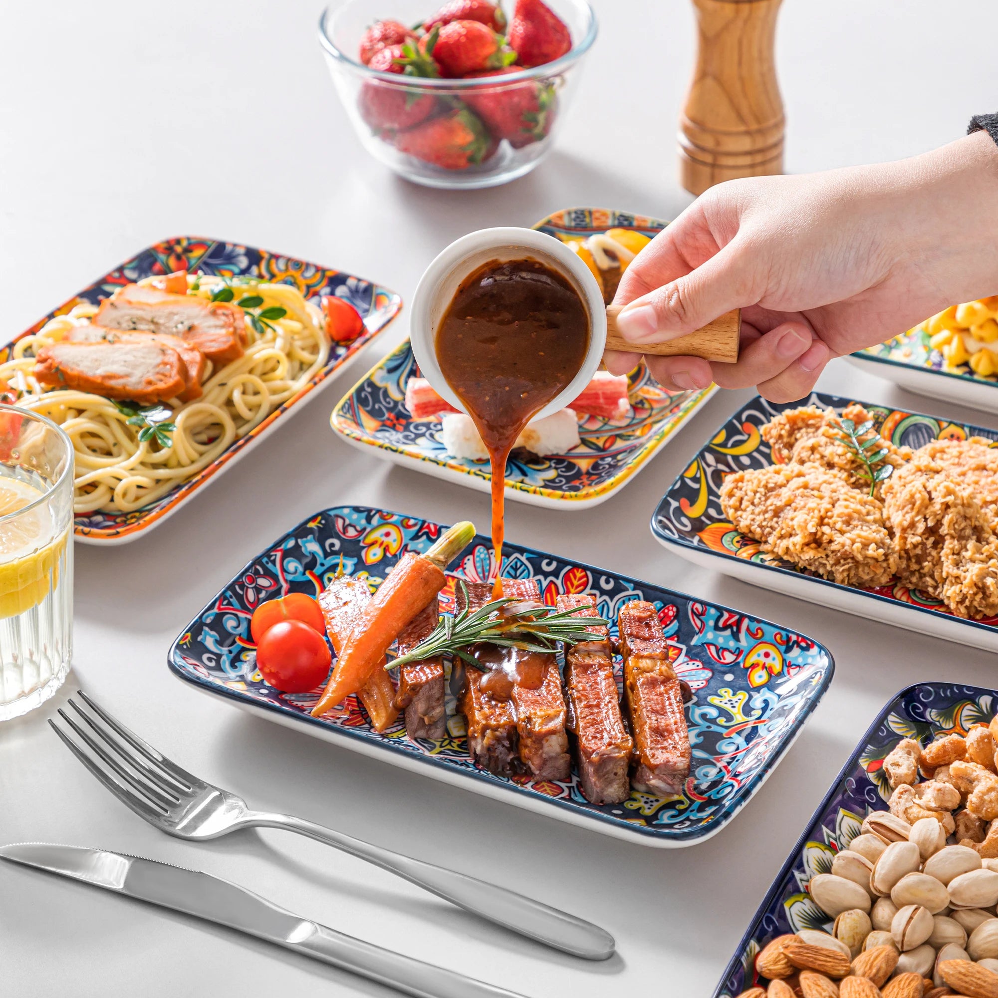 Vancasso Rechteckige Porzellan-Servierteller 6/12-teilig Böhmisch 8,5 Zoll Geschirrsets Europa CE-zertifiziert Premium Qualitaet Kostenloser Versand